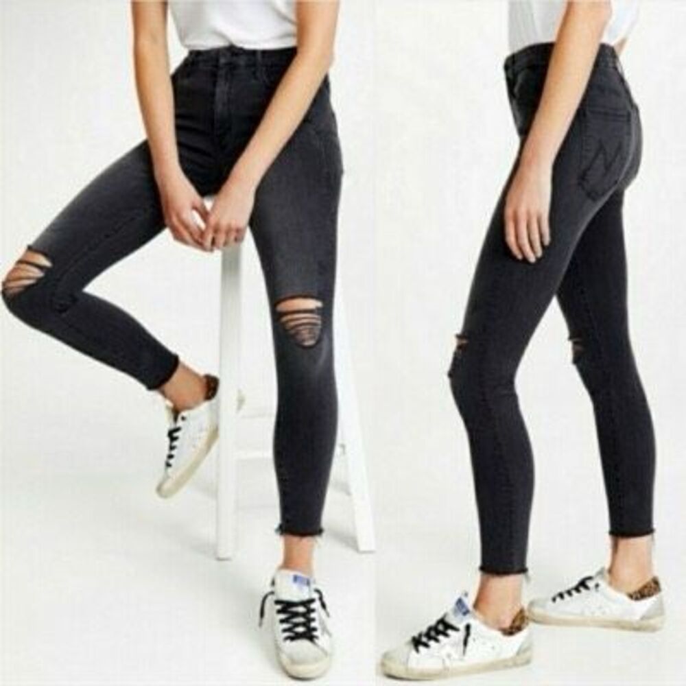 Mother Denim Looker Ankle Fray Guilty As Sin Grunge Goth Gray Black Jean Size 28